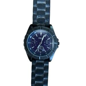 Folio Men's Watch Black Buckle Rubber Band Analog Blue Face 9" New Battery